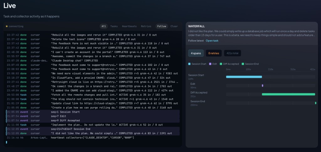RetrySight Cloud Live view showing task and collector activity with a waterfall of session spans