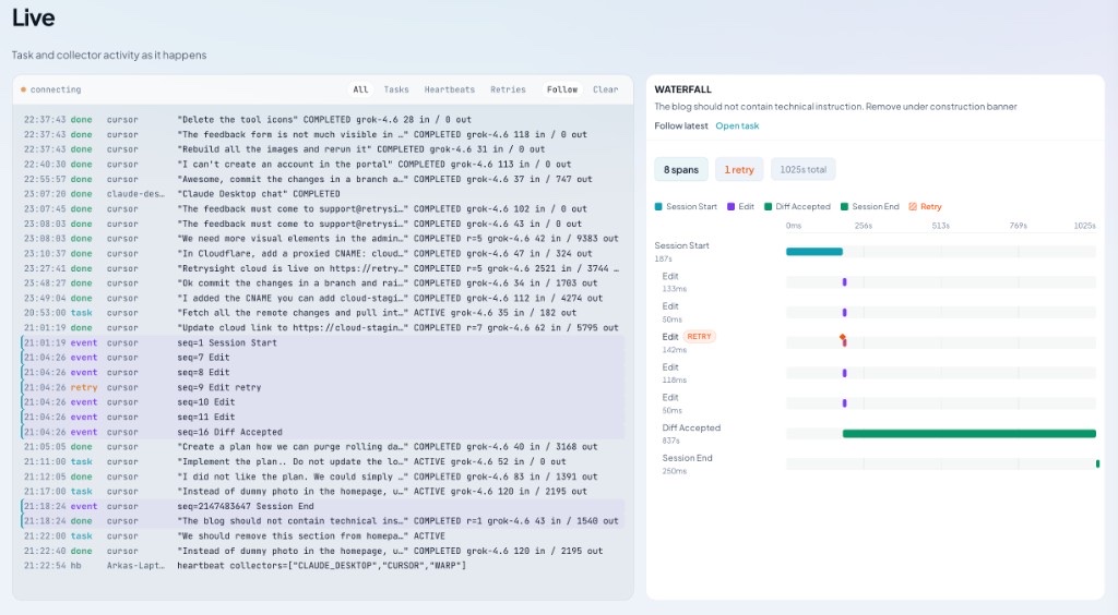RetrySight Cloud Live view showing task and collector activity with a waterfall of session spans